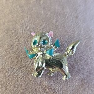 Vintage Gold-toned Cat Brooch with Green And Pink Enamel Accents